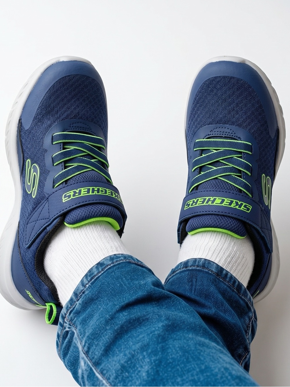 Brand New Washable Kids Skechers Navy/Black/Lime Sneakers
